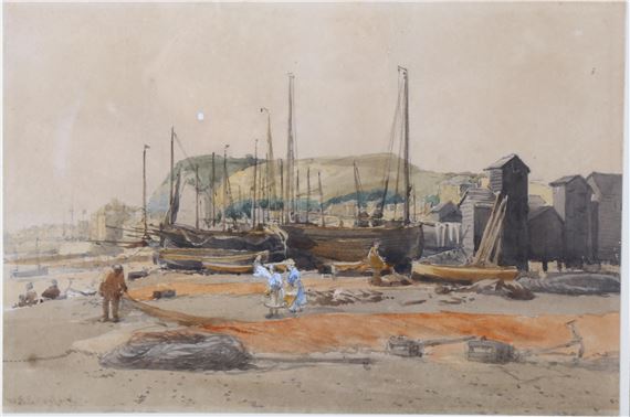A watercolor scene of a quiet harbor with boats resting on the shore and figures working nearby.