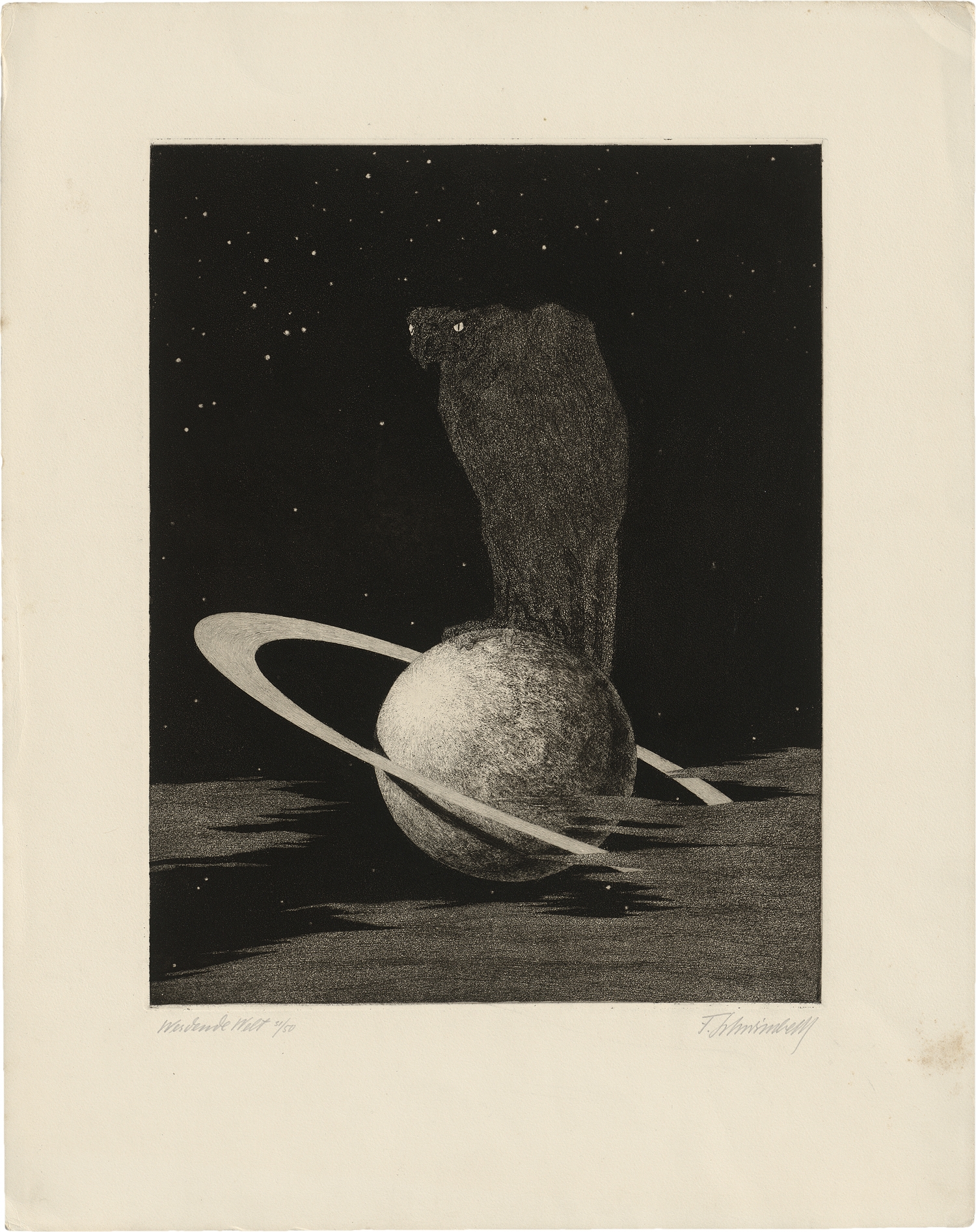 Artwork by Fritz Schwimbeck, Werden-Vergehen, Made of etchings with aquatint on rolled china on copperplate cardboard