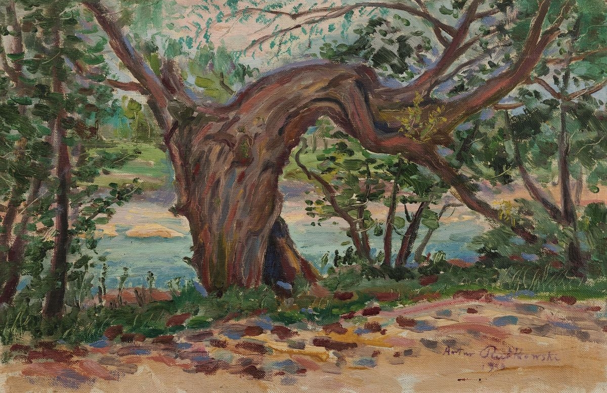 Artwork by Artur Rutkowski, ROZŁOŻYSTA WIERZBA NAD WODĄ, Made of Olej, płótno naklejone na tekturę