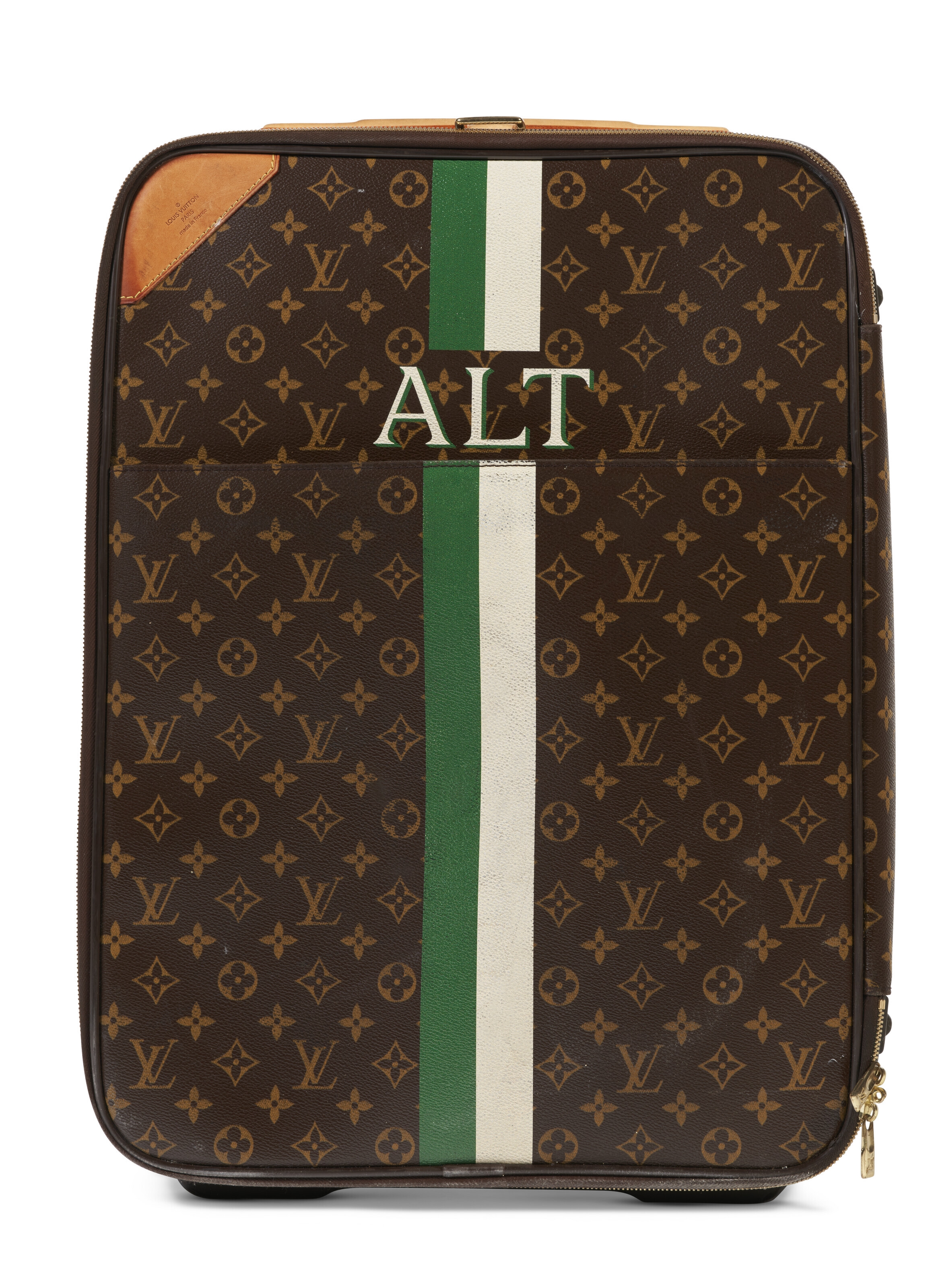 A SET OF THREE PERSONALIZED BROWN MONOGRAM LACQUERED CANVAS HARDSIDED  SUITCASES