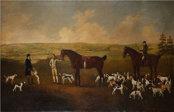 "A classical hunting scene featuring two mounted figures, a standing figure with a horse, and numerous hounds in a rolling landscape."