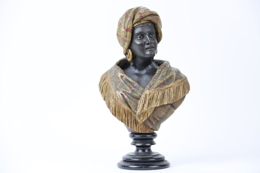 Simon (a pseudonym used by Goldscheider), a female bust with knotted hair,  model number 2864, executed by Wiener Manufaktur Friedrich Goldscheider, by  c. 1920 - Jugendstil and 20th Century Arts and Crafts