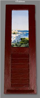 A red wooden door frame reveals a Mediterranean coastal scene through its open window.