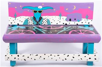 Hand-painted bench depicting a whimsical Southwestern scene of a coyote in a landscape - Linda Bartula