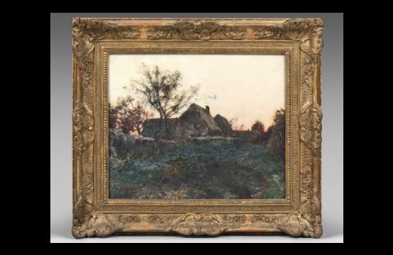 A HEATING HOUSE IN A LANDSCAPE WITH SUNSET by Michel Korochansky