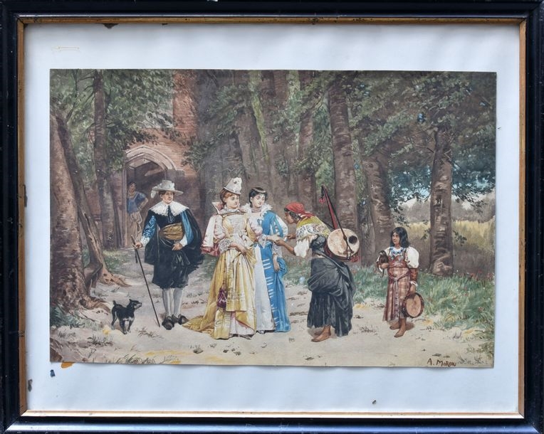 Artwork by A. Moreau, MOREAU (École française de la seconde moitié du XIXe) La bonne aventure Aquarelle, signée en bas à droite 34 x 51 cm