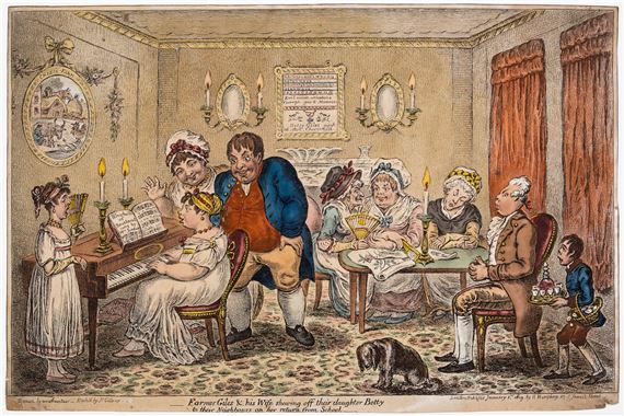 Farmer Giles & his Wife shewing off their daughter Betty to their Neighbours on her return from School by James Gillray, 1802