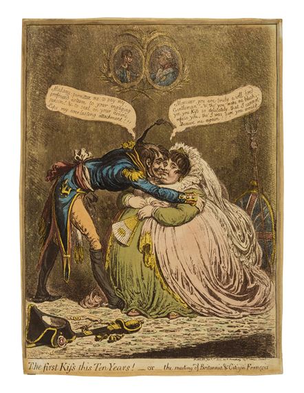 The first kiss this ten years! - or - the meeting of Britannia & Citizen François by James Gillray, 1803