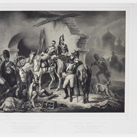 Artwork by J. Woelfjle, Die Franzosen im Kreml zu Moscau 1812 - Les Français au Kreml de Moscou 1812, Made of Tinted lithograph on rolled China