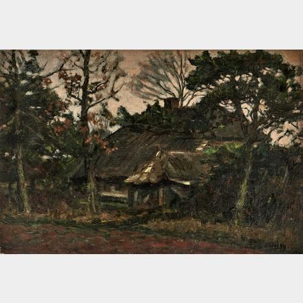 Reetgedecktes Haus hinter Bäumen by Jan Carbaat, um 1910