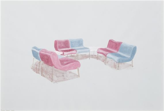 A pastel drawing of three pink and blue armchairs arranged in a circle on a white background.
