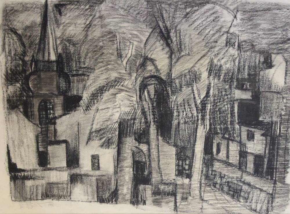 Artwork by Werner Möller, Stadtansicht, Groden, Made of Charcoal drawing
