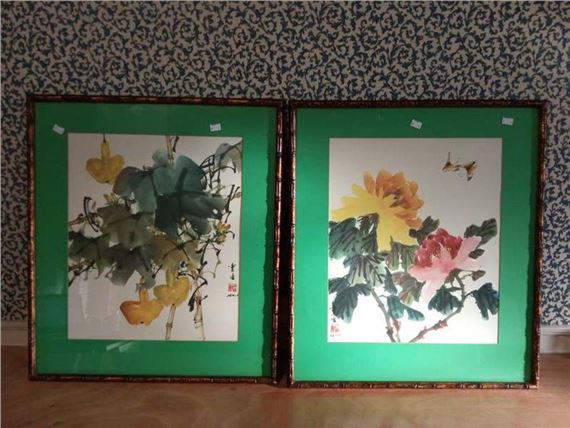 Artwork by Hui Chi Mau, A pair of Chinese pictures by Hui Chi Mau in original frames wit Garson & Co Piccadilly Manchester stamped onto the back of the frame, Made of frames