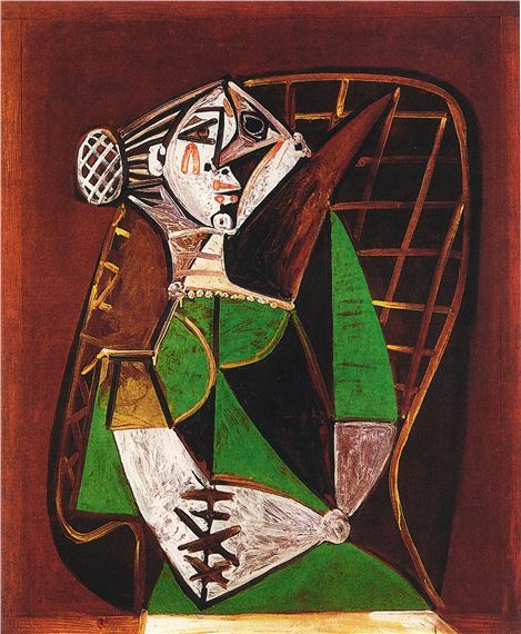 A painting of a woman sitting in a chair.