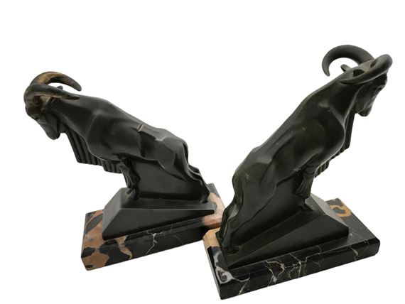 Paire De Serre-livres Aux Coqs En Régule - Patiné Vert Bronze, Vintage