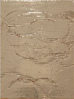 A textured portrait of a face rendered in metallic gold with visible brush strokes and layered paint.