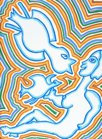 Leda and the swan and pipite... / Mixed media on paper / Signed, titled and dated by Gérard Sendrey