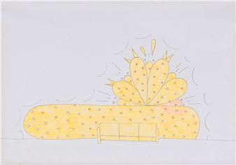 Fluo orange wallpainting and couch - Lilly van der Stocker