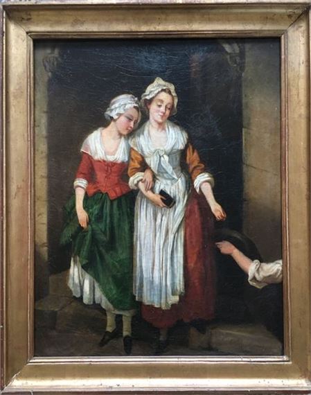 follower of Jean Baptiste GREUZE The two sisters Original canvas Height : 46 cm Width : 38 cm Stamp on the back by Jean-Baptiste Greuze, French School, 19th Century, 19th century