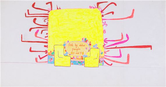 Art by older people (70 + 72) (Wallpainting and two fluo yellow chairs) by Lilly van der Stocker, 2001