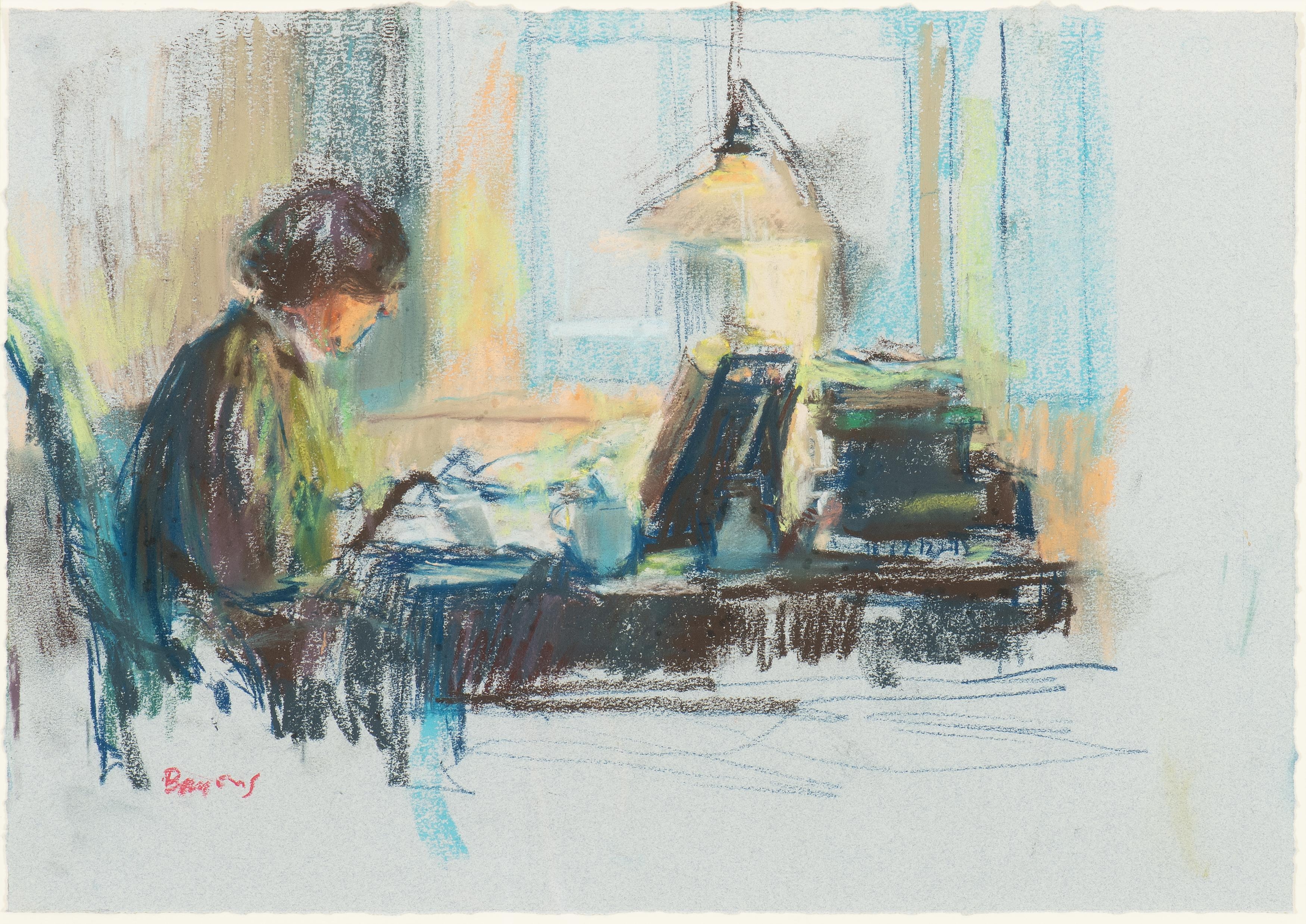 Artwork by Hans Bayens, Thérèse Cornips at work, Made of Pastel on grey paper