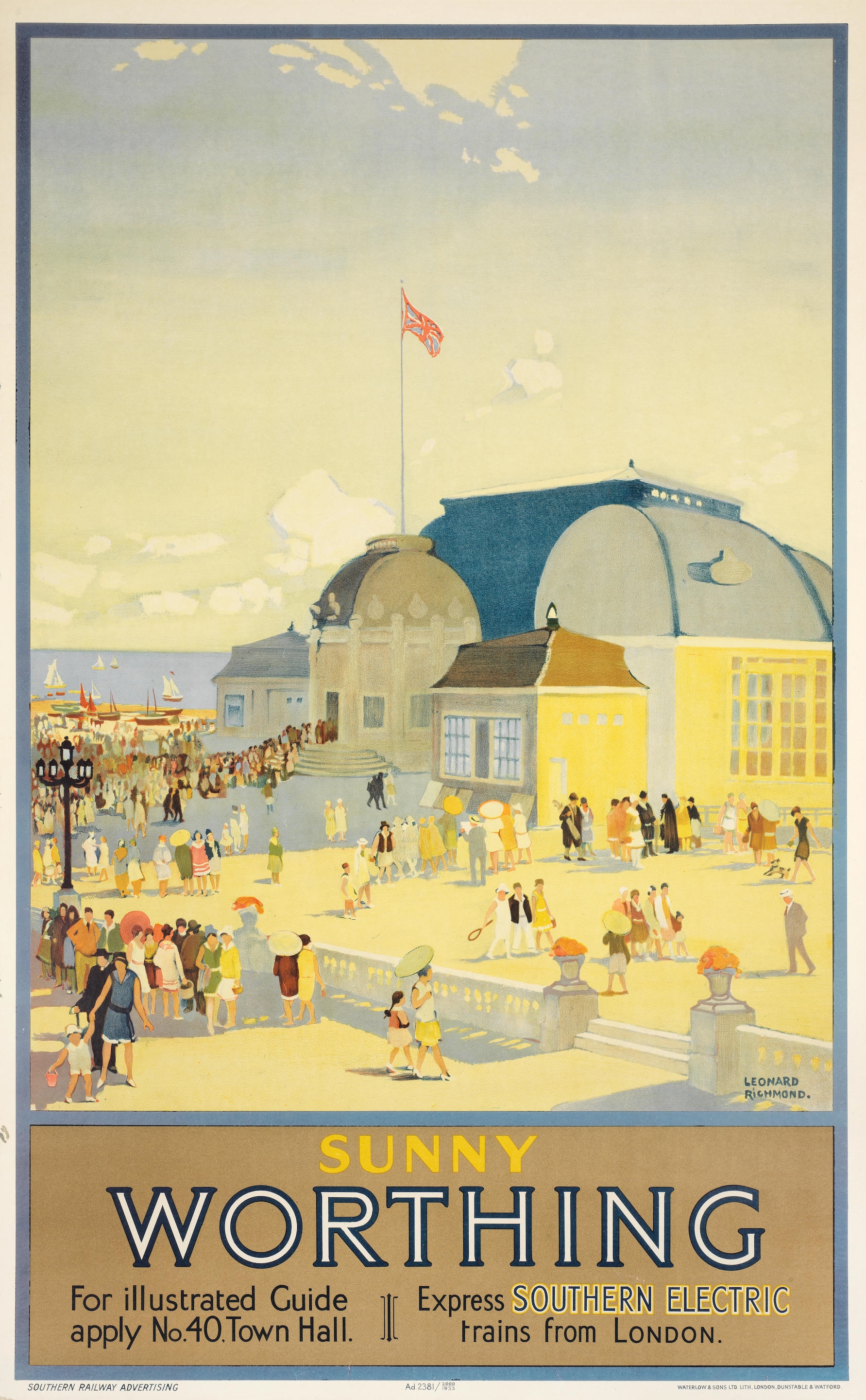 Artwork by Leonard Richmond, SUNNY WORTHING, Southern Electric, Southern Railways, Made of lithographic poster in colours