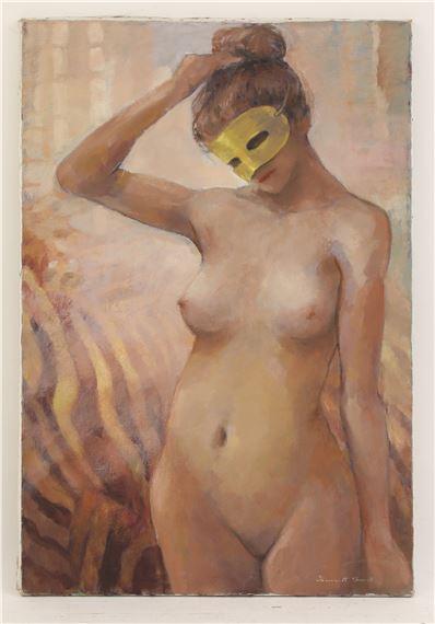 depicting a masked nude woman standing in front of a zebra - Kermit Simet