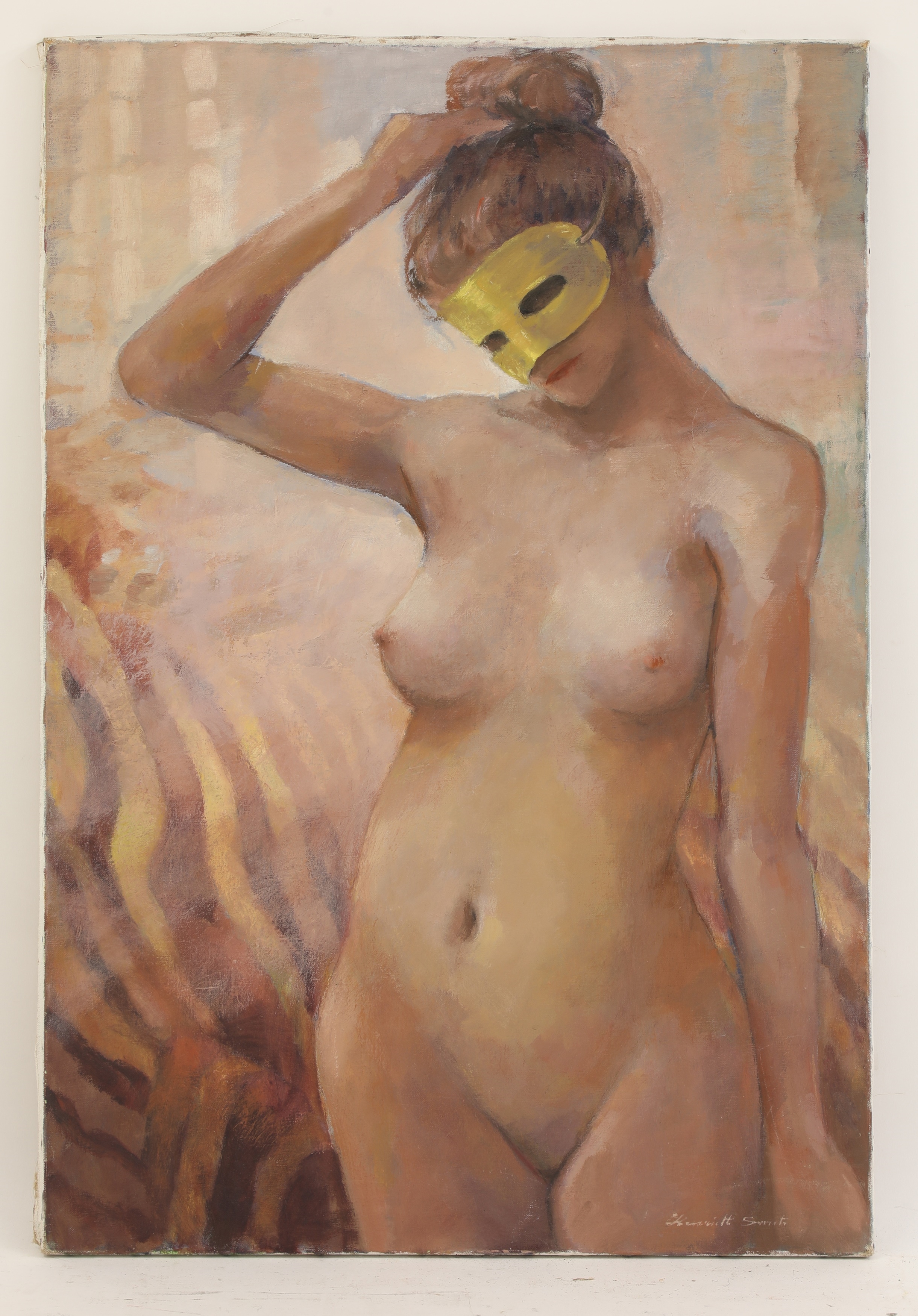 Artwork by Kermit Simet, depicting a masked nude woman standing in front of a zebra, Made of oil on canvas