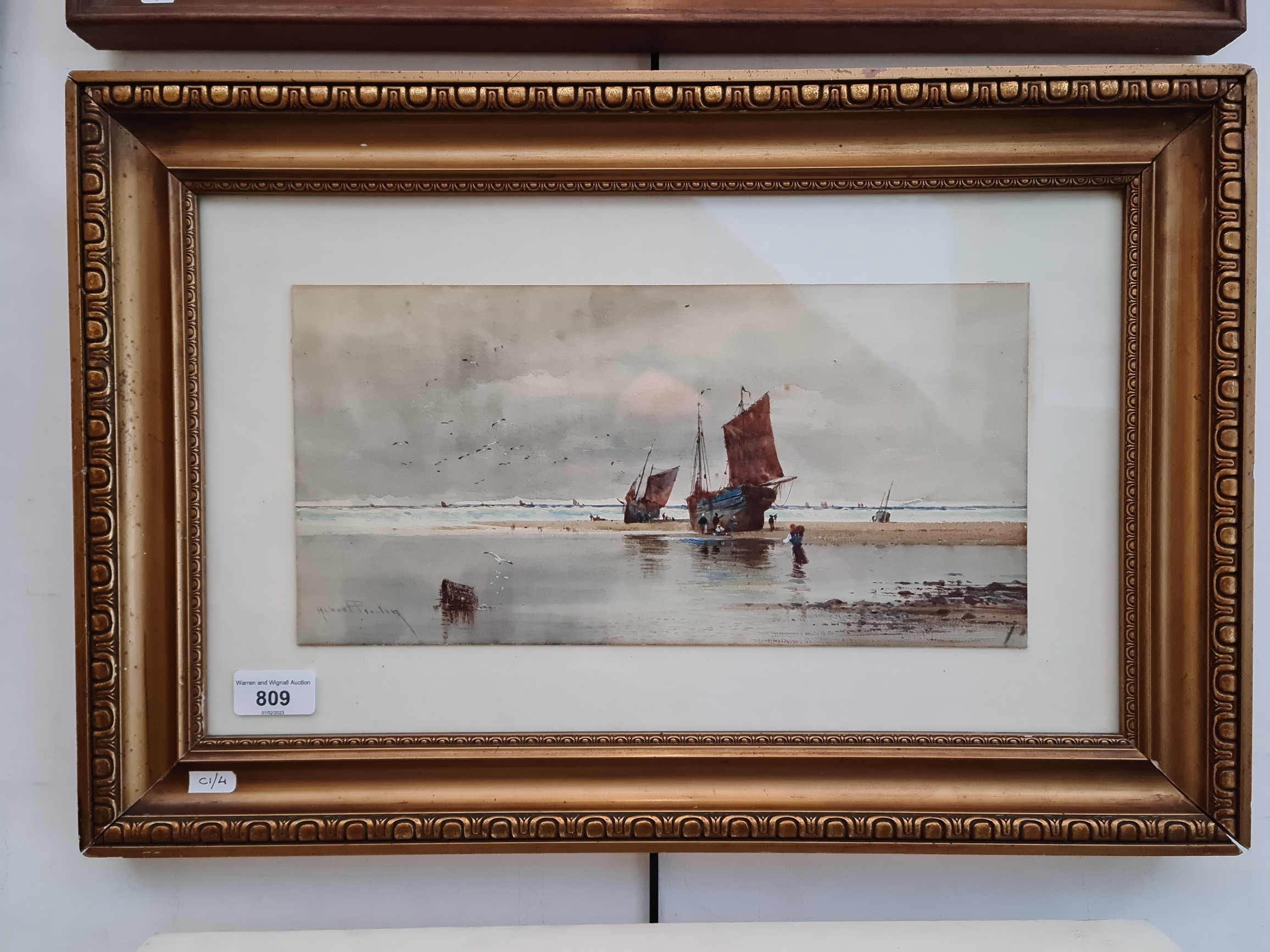 Artwork by Albert Procter, beach with fishing boats, Made of watercolour