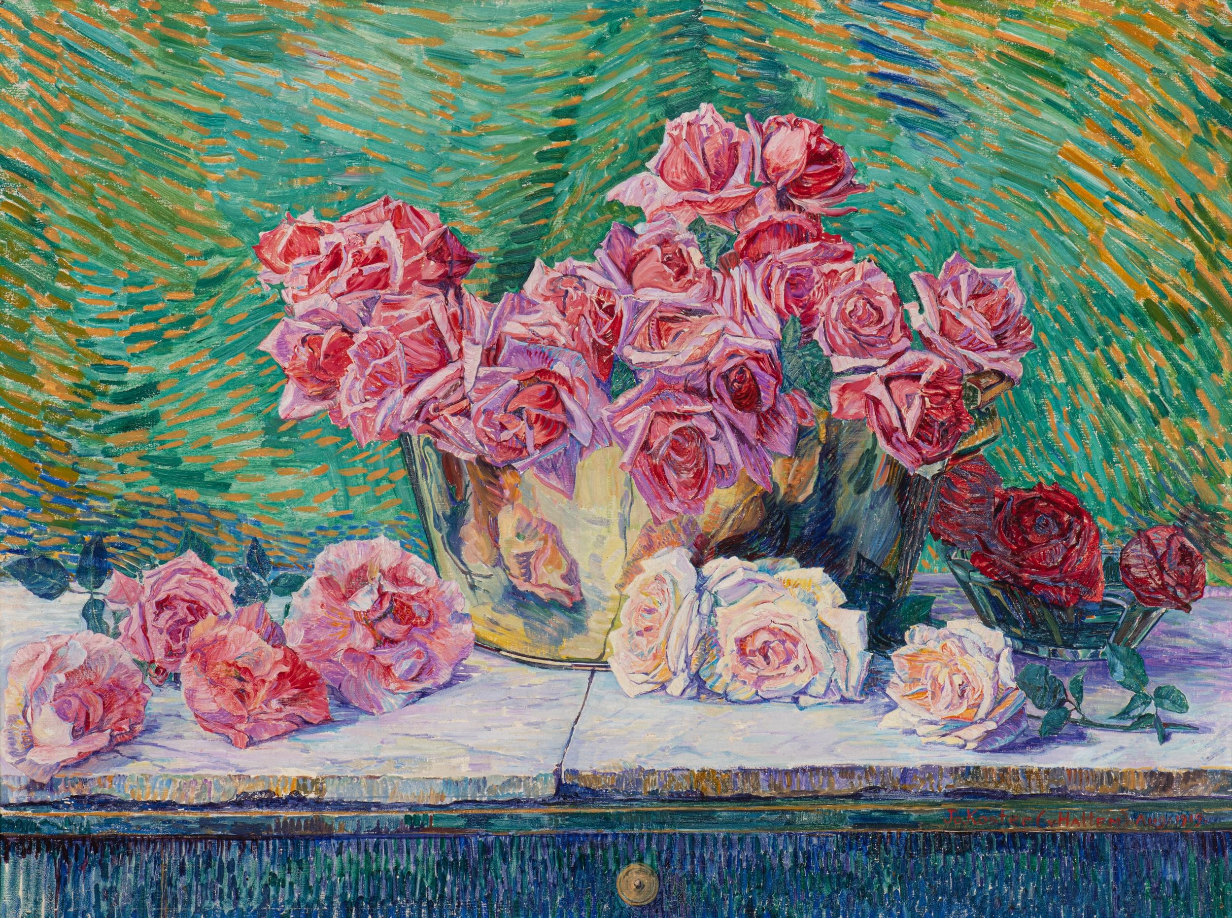A vibrant still life of pink roses in a vase against a textured green background.