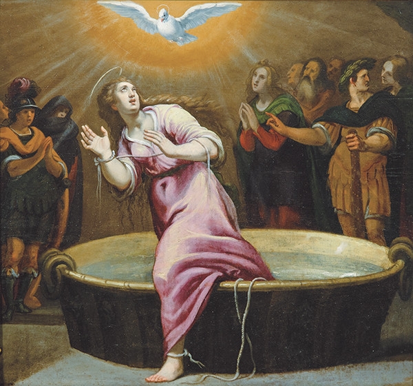 Artwork by Vincenzo Carducci, Santa Margarita liberada de la tina por el Espíritu Santo, Made of Óleo sobre tabla