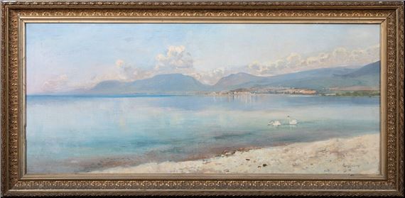 VIEW OF LAKE NEUCHÂTEL SWITZERLAND OIL PAINTING by Louis Constant Guillaume, Circa 1890