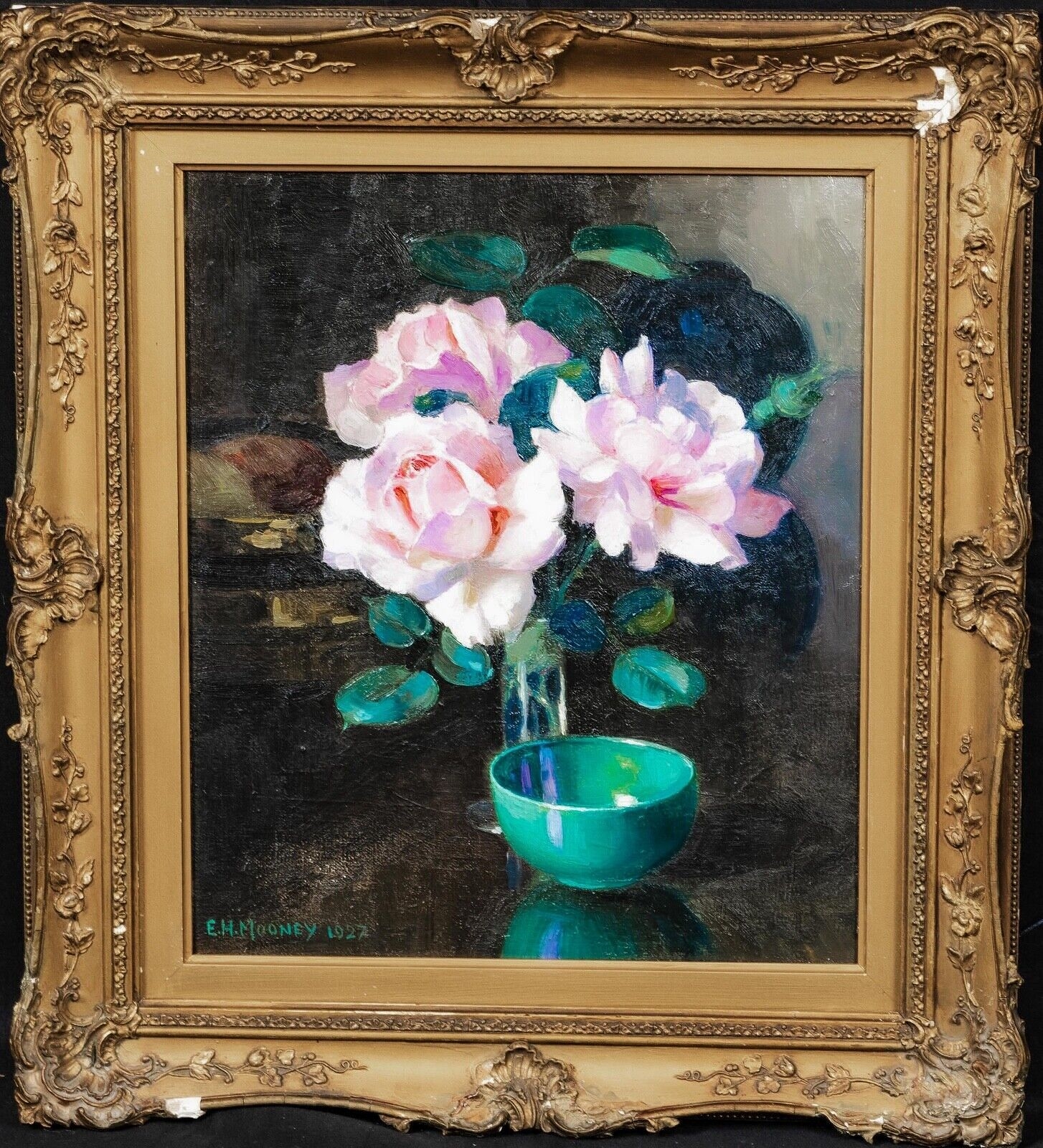 Edward Hartley Mooney STILL LIFE FLOWERS CAMELLIA'S GLASS VASE OIL