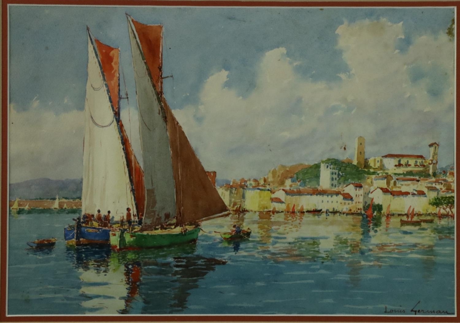 Artwork by Louis German, 'Port Scene with Boats and Town in distance, Made of watercolour