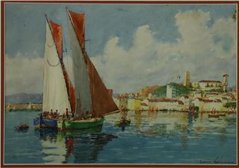 'Port Scene with Boats and Town in distance - Louis German