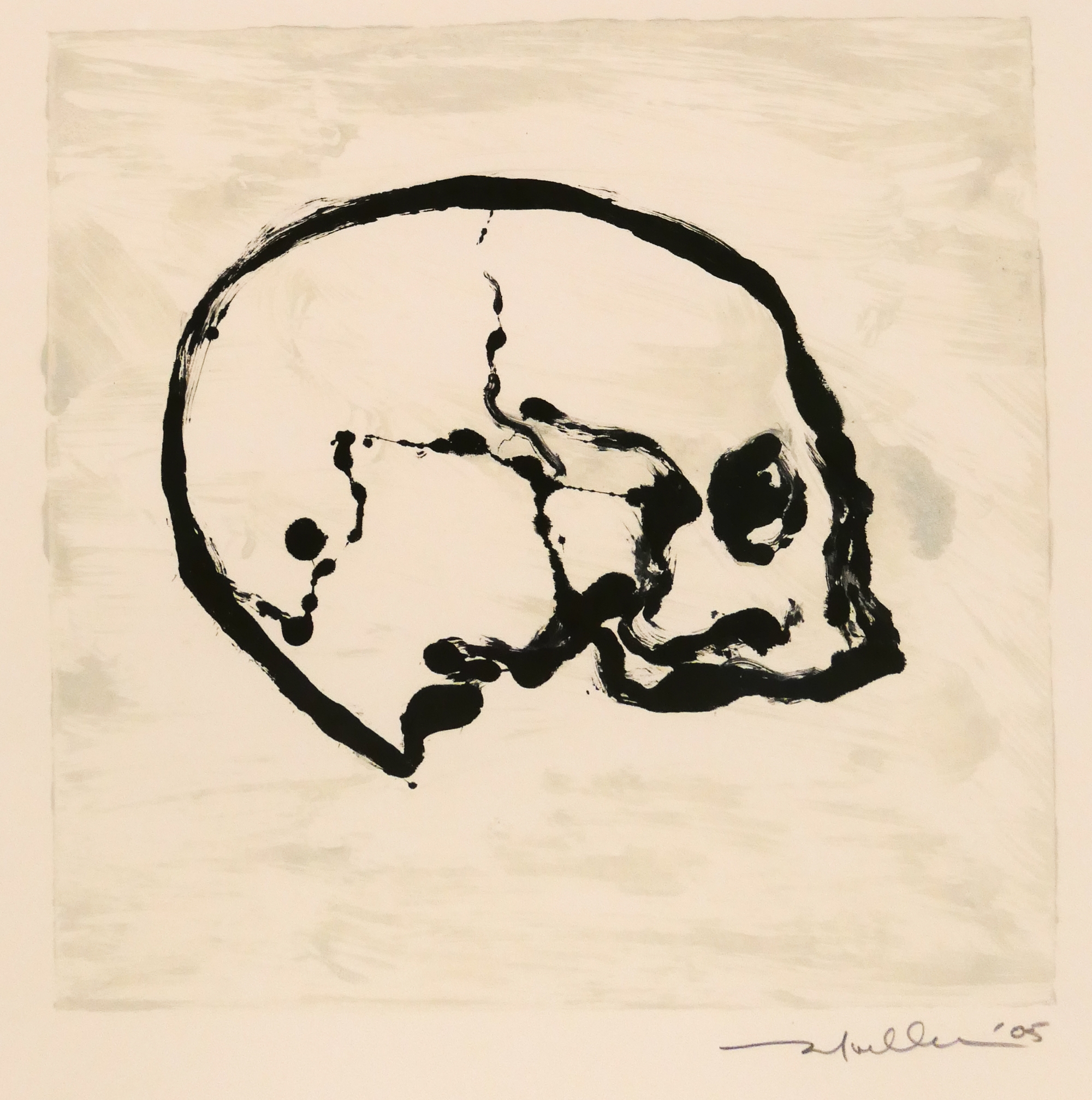 Artwork by Mark Mueller, Mark Mueller ''Skull'' 2005 Monotype Framed 14.5''x14.5'', Made of Monotype