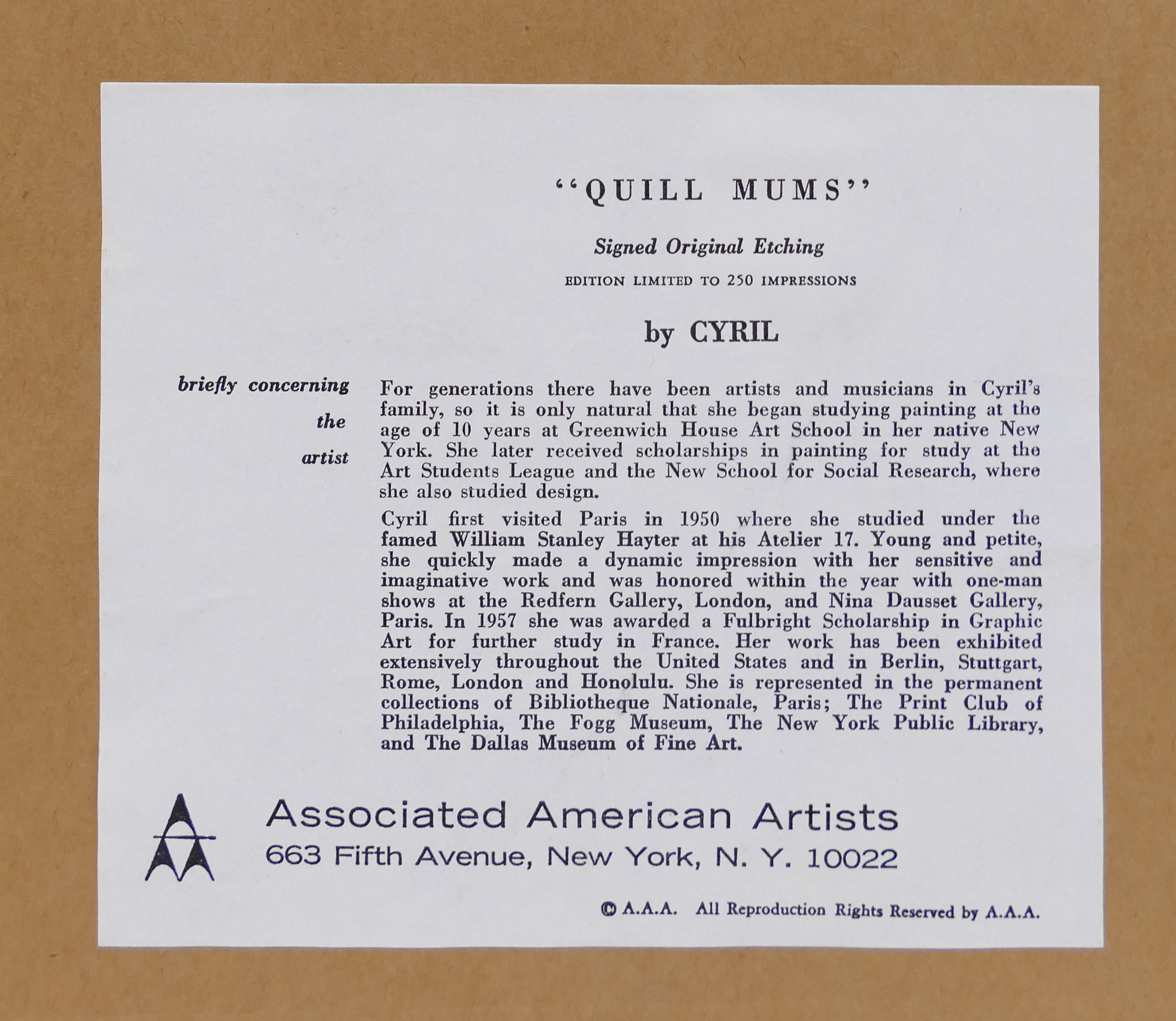 Ruth Cyril | Ruth Cyril (1938-1988 New York) 'Quill Mums' AAA Etching ...