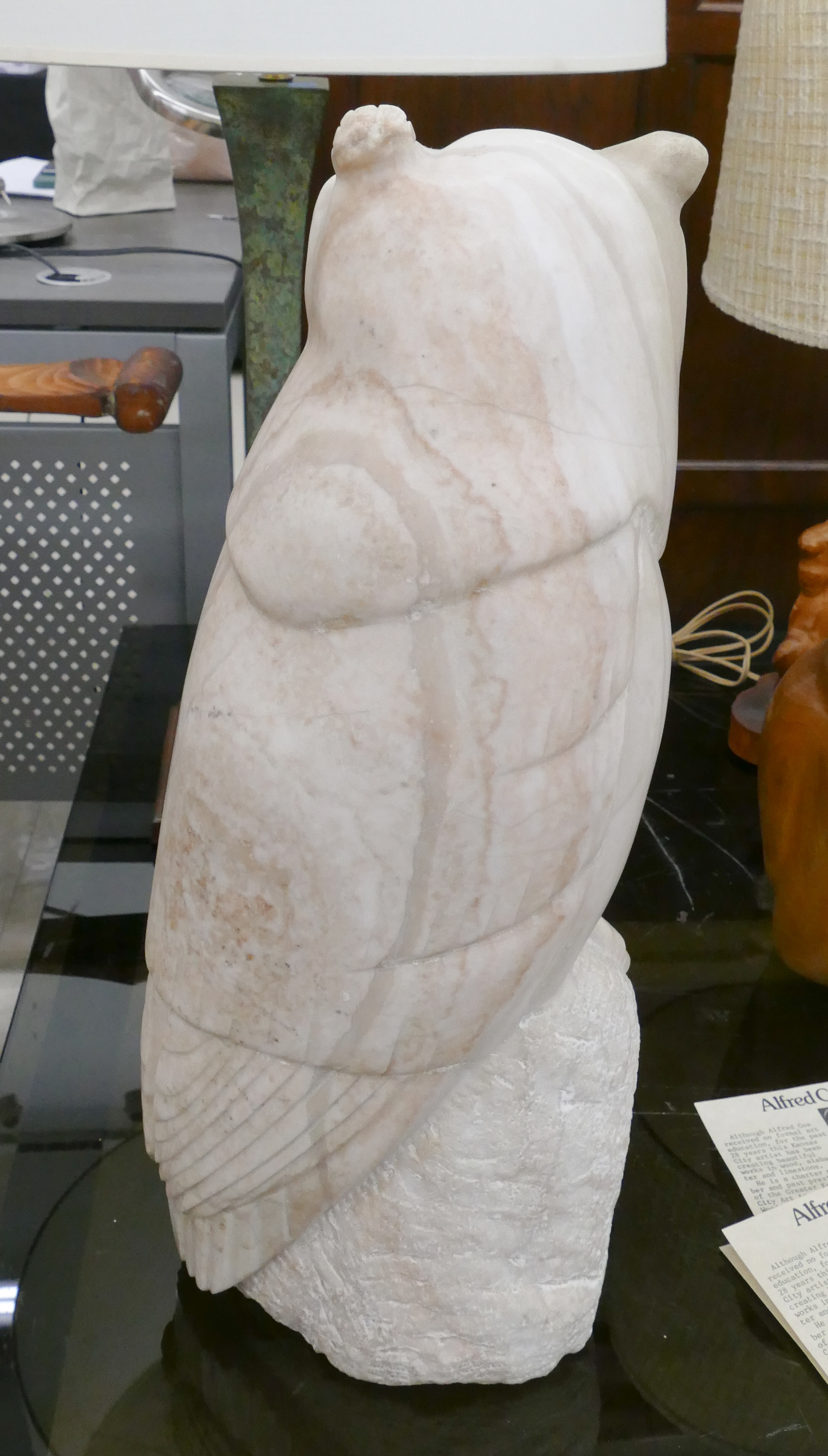 Artwork by Alfred Coe, Alfred Coe Carved Marble Owl Sculpture 21''x8'', Made of Carved Marble