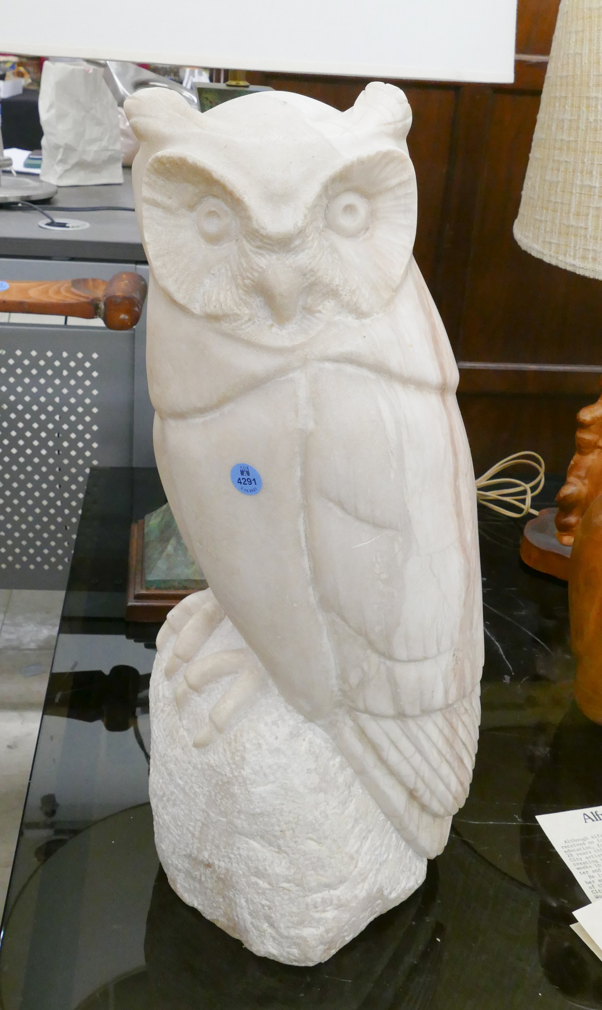 Artwork by Alfred Coe, Alfred Coe Carved Marble Owl Sculpture 21''x8'', Made of Carved Marble