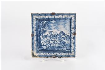 0). Carreau de faïence de poêle (?). Décor de duel à cheval.... - Hanau Allemagne