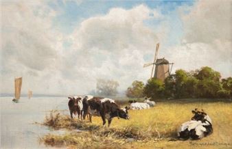 Kühe auf der Weide an der Mühle - Karl Rowedder - Ruge