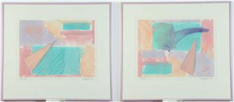 A pair of framed abstract prints featuring pastel geometric shapes and soft color blocks.