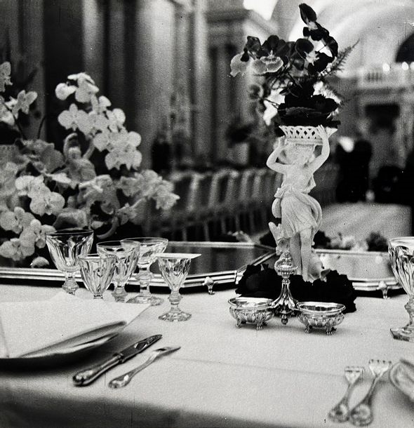Artwork by Louis Ingigliardi, HEAD OF STATE Table of Queen Elizabeth II of England at the dinner at the Louvre hosted by President René Coty, Made of silver print