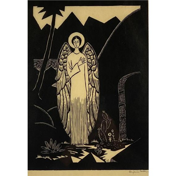 A high-contrast woodcut print of a winged figure standing in a desert landscape.
