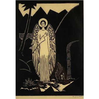A high-contrast woodcut print of a winged figure standing in a desert landscape.