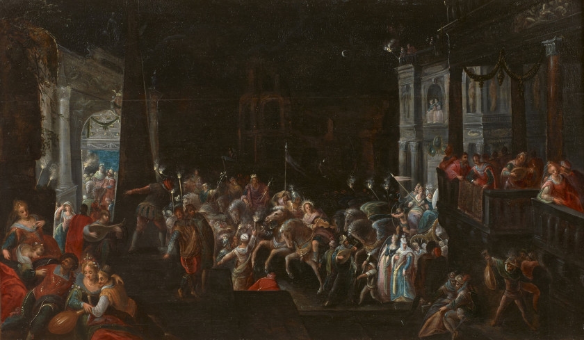 Artwork by Gillis van Valckenborch, Fête nocturne avec le triomphe des dieux de l'Olympe, Made of Huile sur panneau de chêne