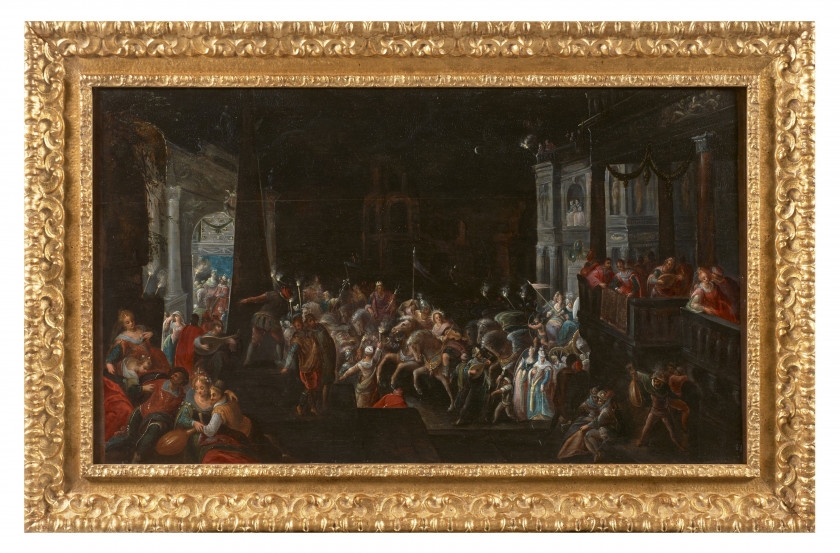 Artwork by Gillis van Valckenborch, Fête nocturne avec le triomphe des dieux de l'Olympe, Made of Huile sur panneau de chêne