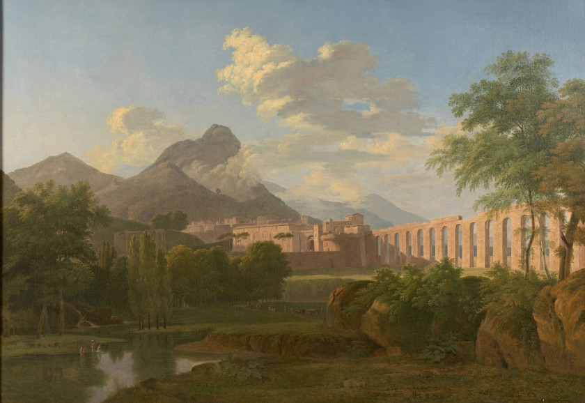 Artwork by Agathon du Petitbois, Paysage classique avec aqueduc et forteresse, Made of Huile sur toile