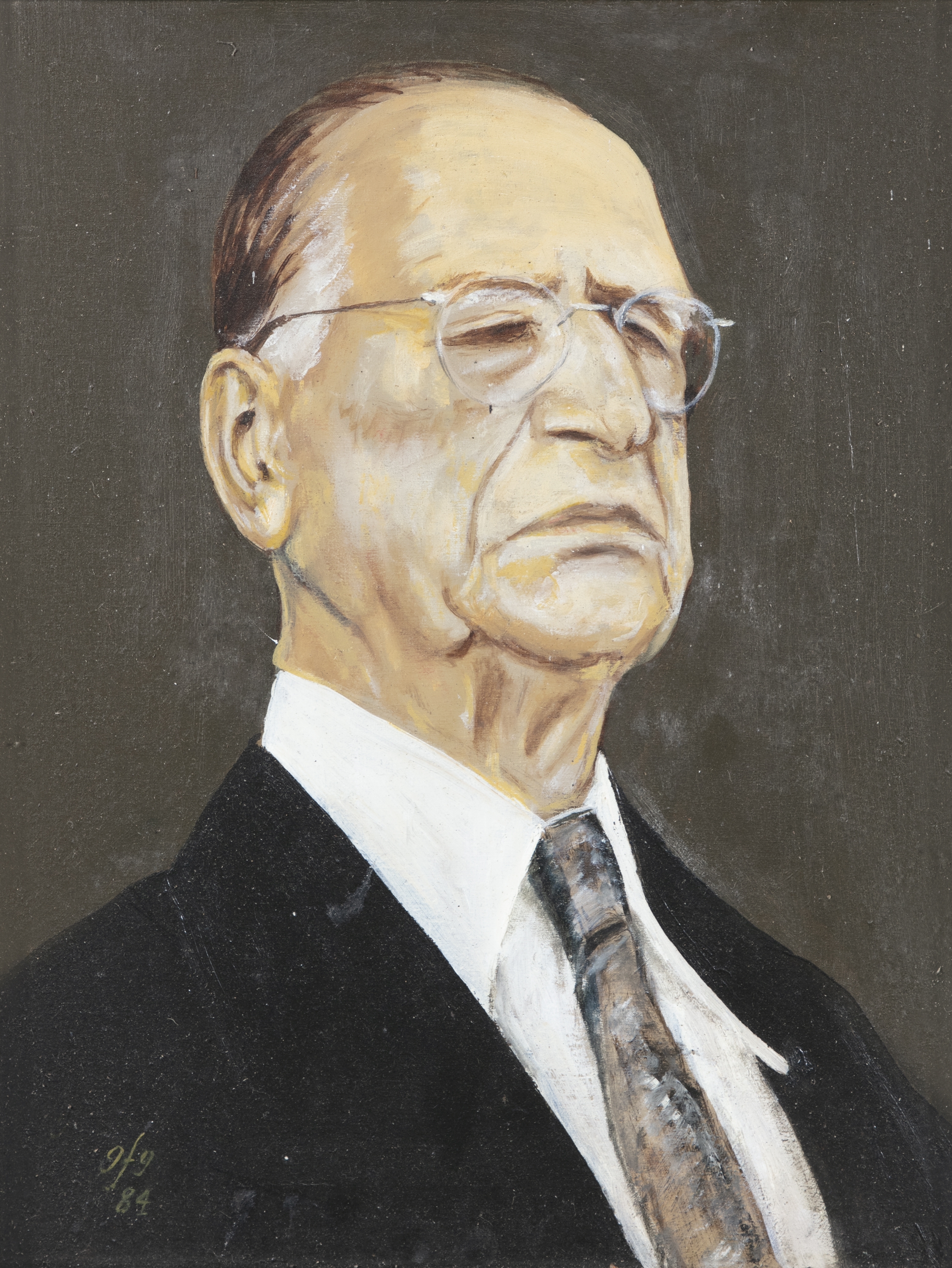 Artwork by Gerald Fitzgerald, "Dev at 90" - A portrait of Eamon DeVelara, Made of oil on canvas