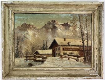 Winter landscape with snow covered house and mountains in background - F. Winter